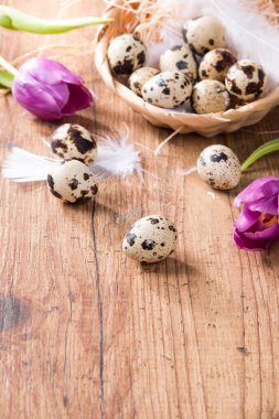 Paskalya yumurtaları ve çiçek ahşap masa üzerinde. Bahar kavram tahta üzerinde