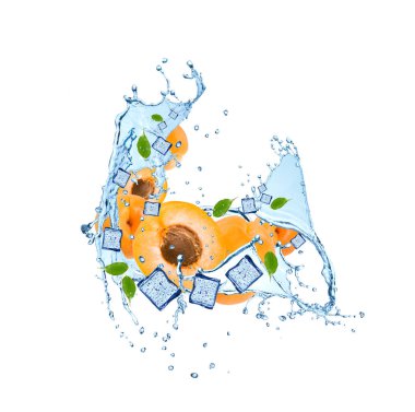 Meyve ile su sıçraması, kayısı beyaz arka plan üzerinde izole. 