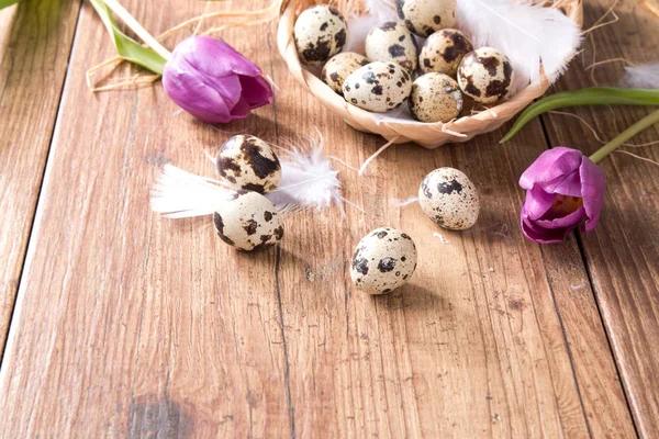 Påskägg Och Blomma Träbord Våren Koncept Planka — Stockfoto