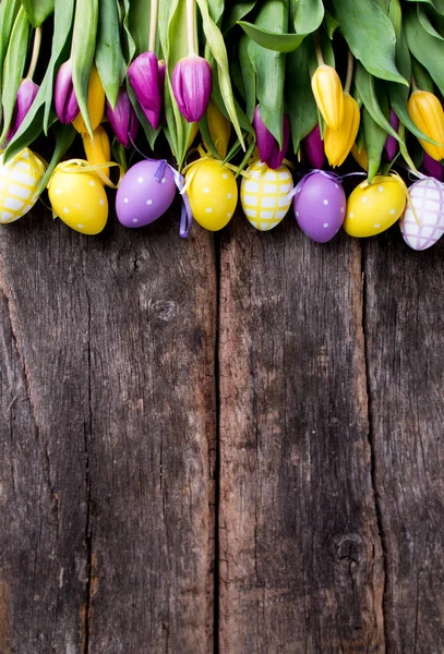 Easter Eggs Flower Wooden Table Spring Concept Plank — Stock Photo, Image