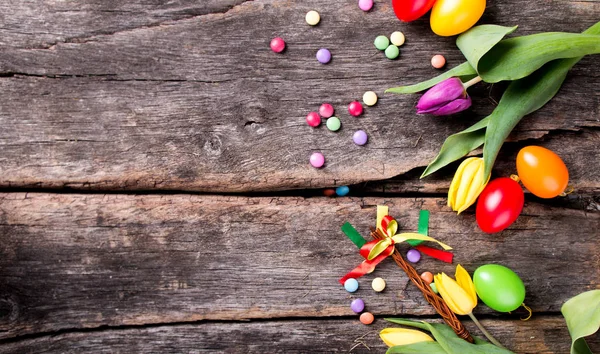 Easter Eggs Flower Wooden Table Spring Concept Plank — Stock Photo, Image