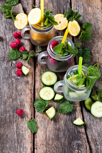 Home Made Lime Cucumber Raspberry Lemon Drinks Mojito Mix Summer — Stock Photo, Image