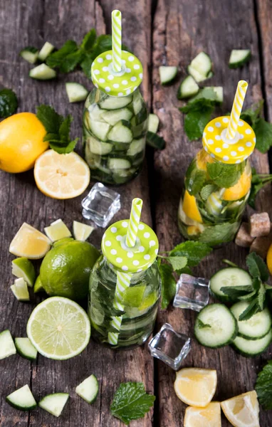 Home Made Lime Cucumber Raspberry Lemon Drinks Mojito Mix Summer — Stock Photo, Image
