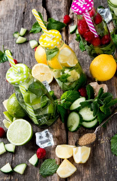 Home Made Lime Cucumber Raspberry Lemon Drinks Mojito Mix Summer — Stock Photo, Image