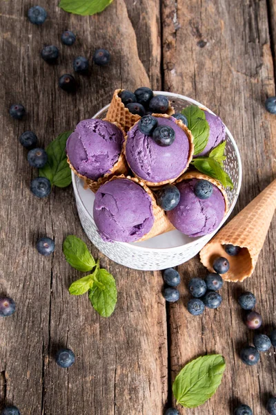 Ice Cream Scoops Blueberry Sweet Cone Sundae Summer Concept — Stock Photo, Image