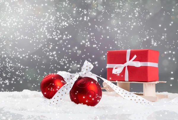 Christmas Red Balls Snow Blur Background Free Space Text Celebration — Stock Photo, Image