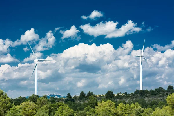 山水秀丽 有两座风电塔 矗立在松树间 蓝天布满白云 清洁能源 气候变化和生态概念 — 图库照片