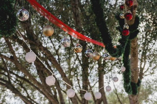 Balls Other Christmas Decorations Hanging Branches Olive Tree Countryside Christmas — Stock Photo, Image