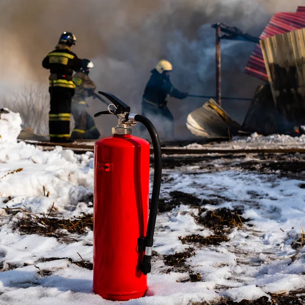 Mechanical Foam Fire Extinguisher Closeup Background Fire Firemen Team Firefighters — Stock Photo, Image