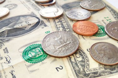 Dolar ABD arka plan Amerikalı çeyrek, bozuk para ve penny demir kapatın