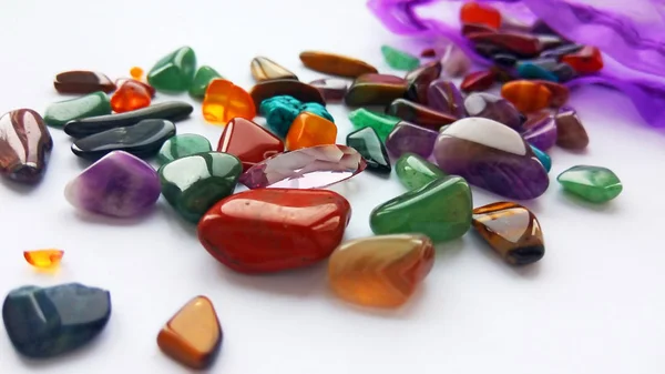 Assorted Natural Bright Coloured Semi Precious Gemstones Gems Bag White — Stock Photo, Image