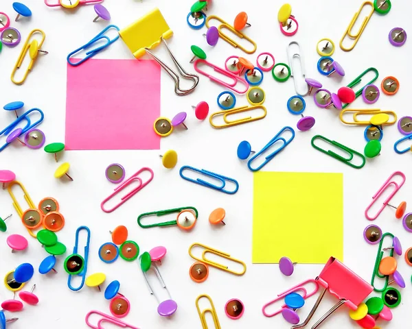 Geri okul, ofis, iş ve eğitim kavramı için renkli sabit. Okul ve ofis malzemeleri ataç, iğne, notlar, beyaz arka plan, flatlay çıkartmaları. Kadar alay et. Görünümü en çok, yakın çekim.
