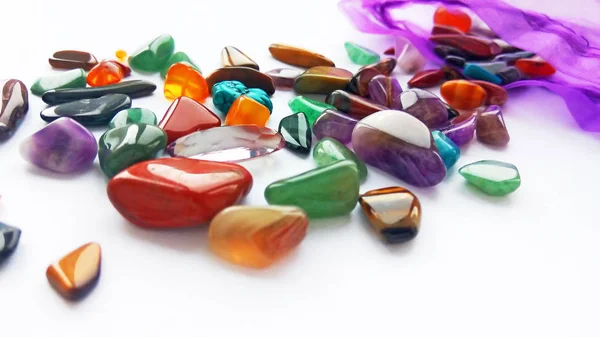 Assorted Natural Bright Coloured Semi Precious Gemstones Gems Bag White — Stock Photo, Image