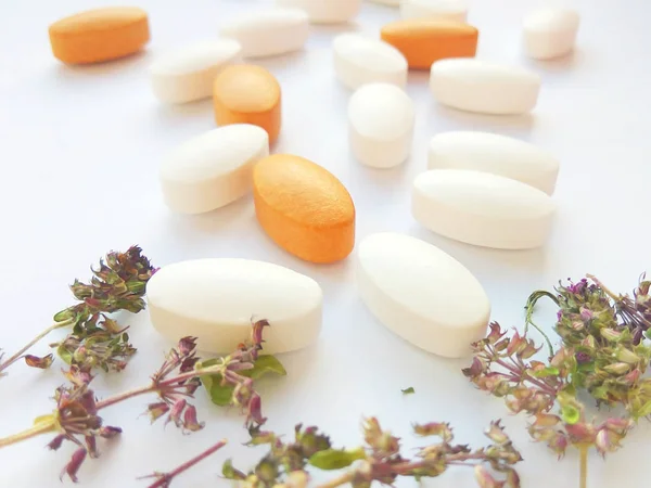 Травяные Лекарства Таблетки Сухими Природными Травами Белом Фоне Концепция Травяной — стоковое фото