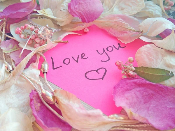 Love You Message Pink Sticky Note Dry Rose Orchid Flower — Stock Photo, Image