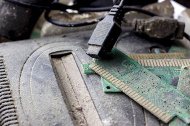 Retro oyun alanı, kumanda ve oyun konsolu toprak ve tozla kaplı. Modası geçmiş ve modası geçmiş teknoloji kavramı