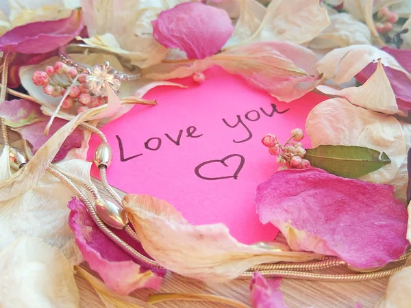 Love You Message Pink Sticky Note Dry Rose Orchid Flower — Stock Photo, Image