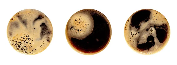 咖啡泡沫设置隔离在白色背景上 圆顶视图特写摄影杯 — 图库照片