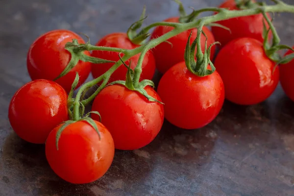 Frische Organische Helle Kleine Rote Kirschtomaten Mit Grünem Zweig Auf — Stockfoto