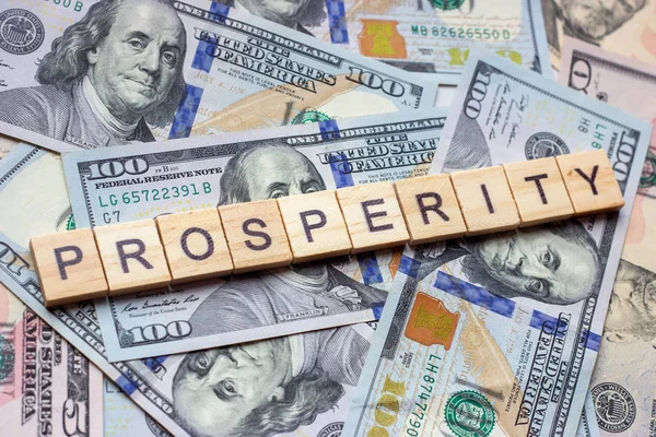 Slovo Prosperita Pozadí Dolarového Usa Koncepce Blahobytu Dostatečnosti Bohatství — Stock fotografie