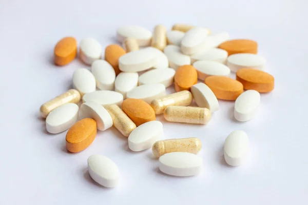 Veel Verschillende Farmaceutische Geneeskunde Pillen Tabletten Capsules Witte Achtergrond Apotheek — Stockfoto