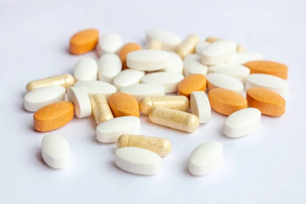 Veel Verschillende Farmaceutische Geneeskunde Pillen Tabletten Capsules Witte Achtergrond Apotheek — Stockfoto