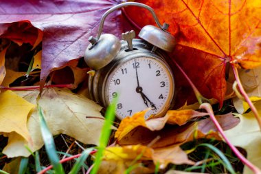 Sonbaharda eski saat kırmızı ve sonbaharda turuncu yapraklar doğal arkaplanda.