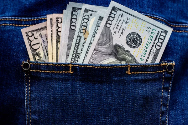 Diferentes Notas Dólar Americano Bolso Azul Jeans — Fotografia de Stock