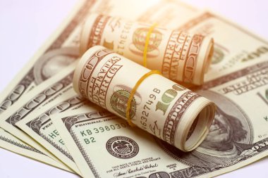 Amerikan doları beyaz arka planda yuvarlanıyor. Mali konsept.