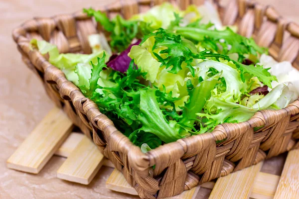 Different Mix Raw Organic Salad Leaves Lettuce Radicchio Rocket Wooden — Stock Photo, Image