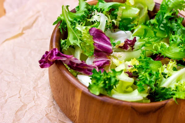 Different Mix Raw Organic Salad Leaves Lettuce Radicchio Rocket Wooden — Stock Photo, Image