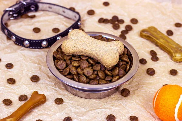 Brown biscuit bones and crunchy organic kibble pieces for dog feed with black collar on light background. Healthy dry pet food concept.