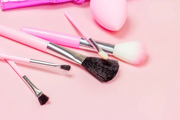 Bright Pink Decorative Cosmetics Tools Accessories Professional Make Visage Light — Stock Photo, Image