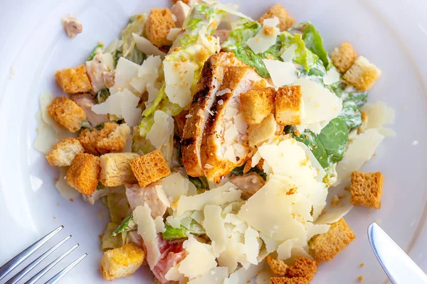 Top View Fresh Healthy Caesar Salad Grilled Chicken Breast Big — Stock Photo, Image