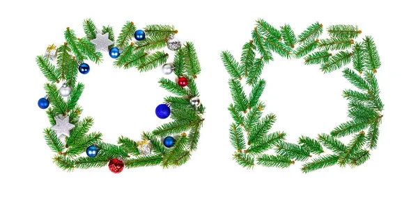 Nowy Rok Boże Narodzenie Dekoracji Wieniec Zielonych Gałęzi Jodły Niebieski — Zdjęcie stockowe
