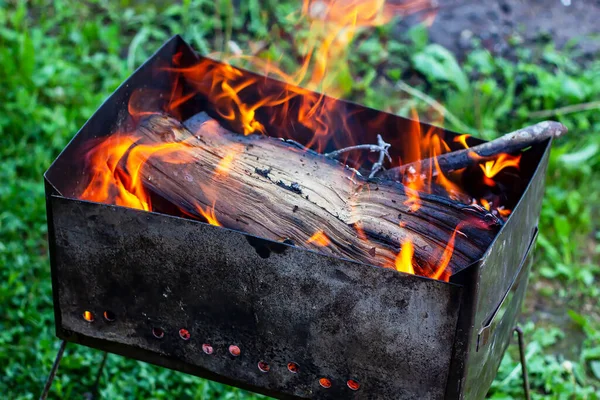 Fuego Barbacoa Naranja Para Cocinar Carne Picnic Aire Libre —  Fotos de Stock