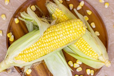 Taze pişmemiş sarı tatlı mısır, yeşil yapraklar ve tohumlarla yaz ve sonbahar mevsimlerinde ahşap arka planda..