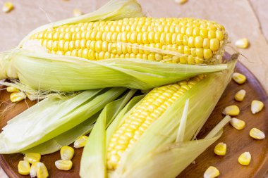 Taze pişmemiş sarı tatlı mısır, yeşil yapraklar ve tohumlarla yaz ve sonbahar mevsimlerinde ahşap arka planda..