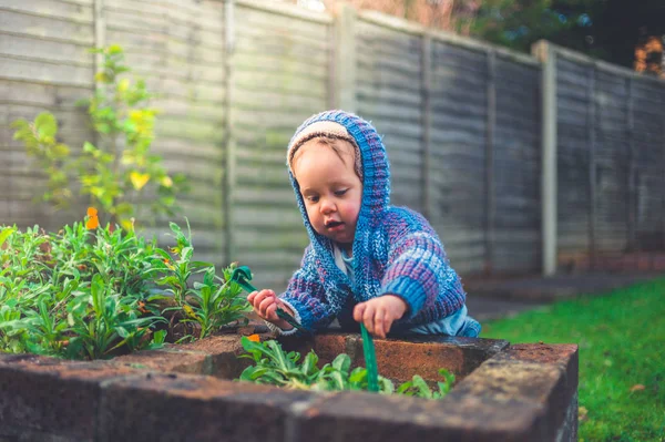 Cute Little Baby Doing Some Gardening Winter — Stock Photo, Image