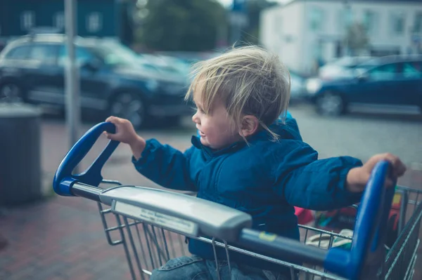 Little Toddler Having Fun Riding Shopping Cart — Stock Photo, Image