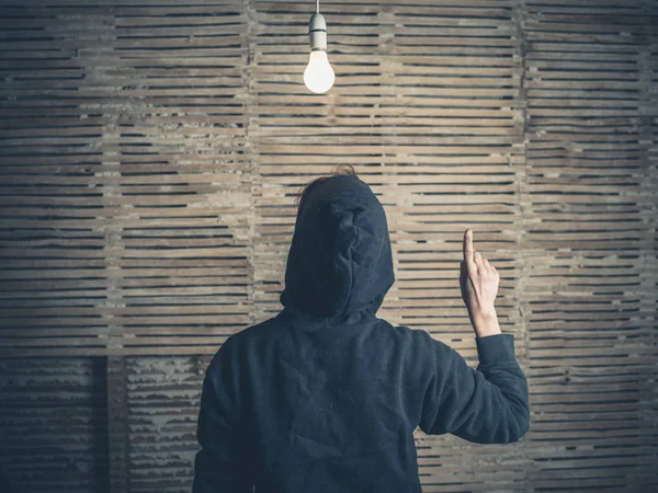 Young Person Wearing Hoodie Having Bright Idea Light Bulb — Stock Photo, Image