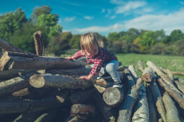 Küçük bir yürümeye başlayan bazı günlüklerindeki ormandaki tırmanıyor