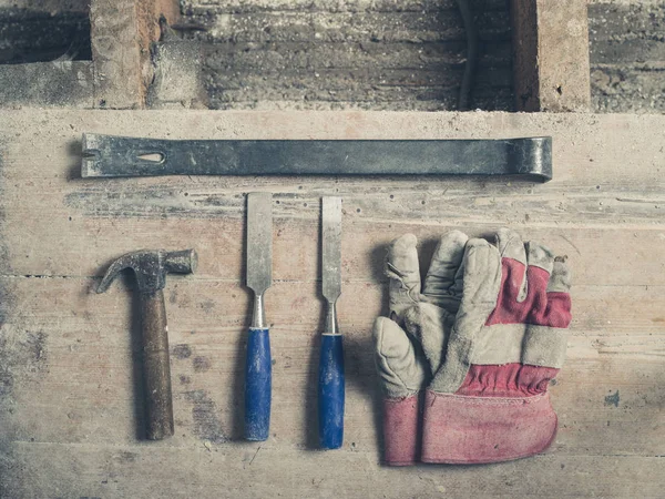 Pair Workman Gloves Crowbar Two Chisels Hammer Wooden Floor — Stock Photo, Image