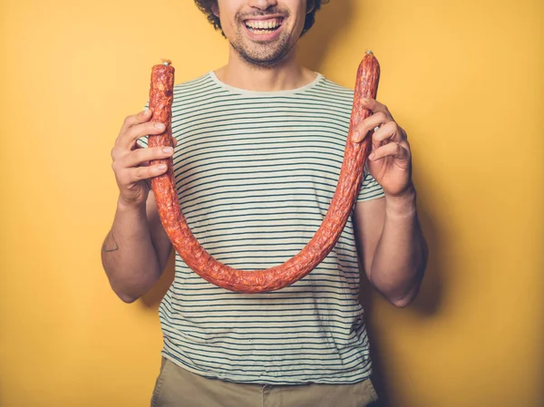 Young Man Really Happy His Big Sausage — Stock Photo, Image
