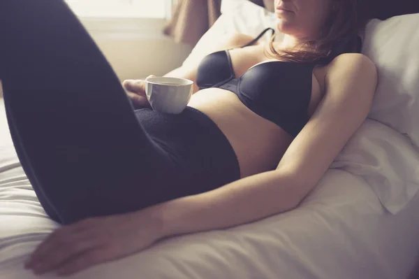 Young Woman Lying Bed Her Underwear Drinking Cup Tea — Stock Photo, Image