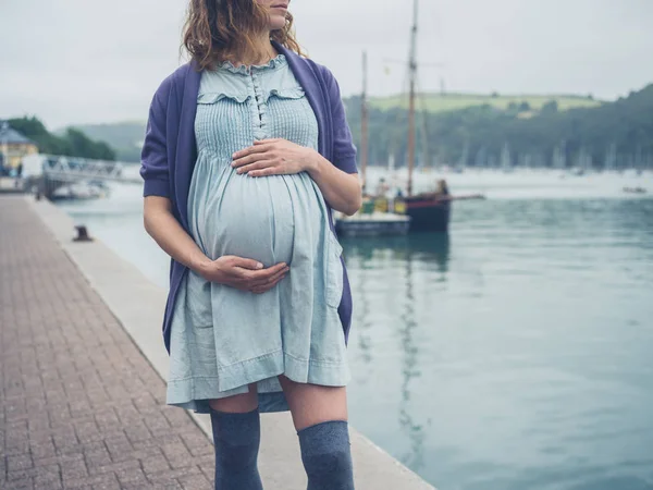 Una Joven Embarazada Está Parada Junto Río Una Pequeña Ciudad —  Fotos de Stock
