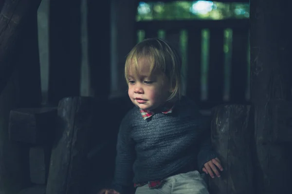 Niño Pequeño Está Sentado Una Casa Del Árbol Otoño — Foto de Stock