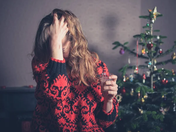 Stressed Young Woman Standing Christmas Tree — Stock Photo, Image