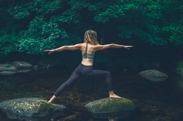 Nehirdeki Bir Kaya Üzerinde Yoga Yaparken Genç Bir Kadın Savaşçı — Stok fotoğraf