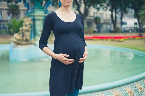 Een Jonge Zwangere Vrouw Staat Bij Een Fontein Het Park — Stockfoto